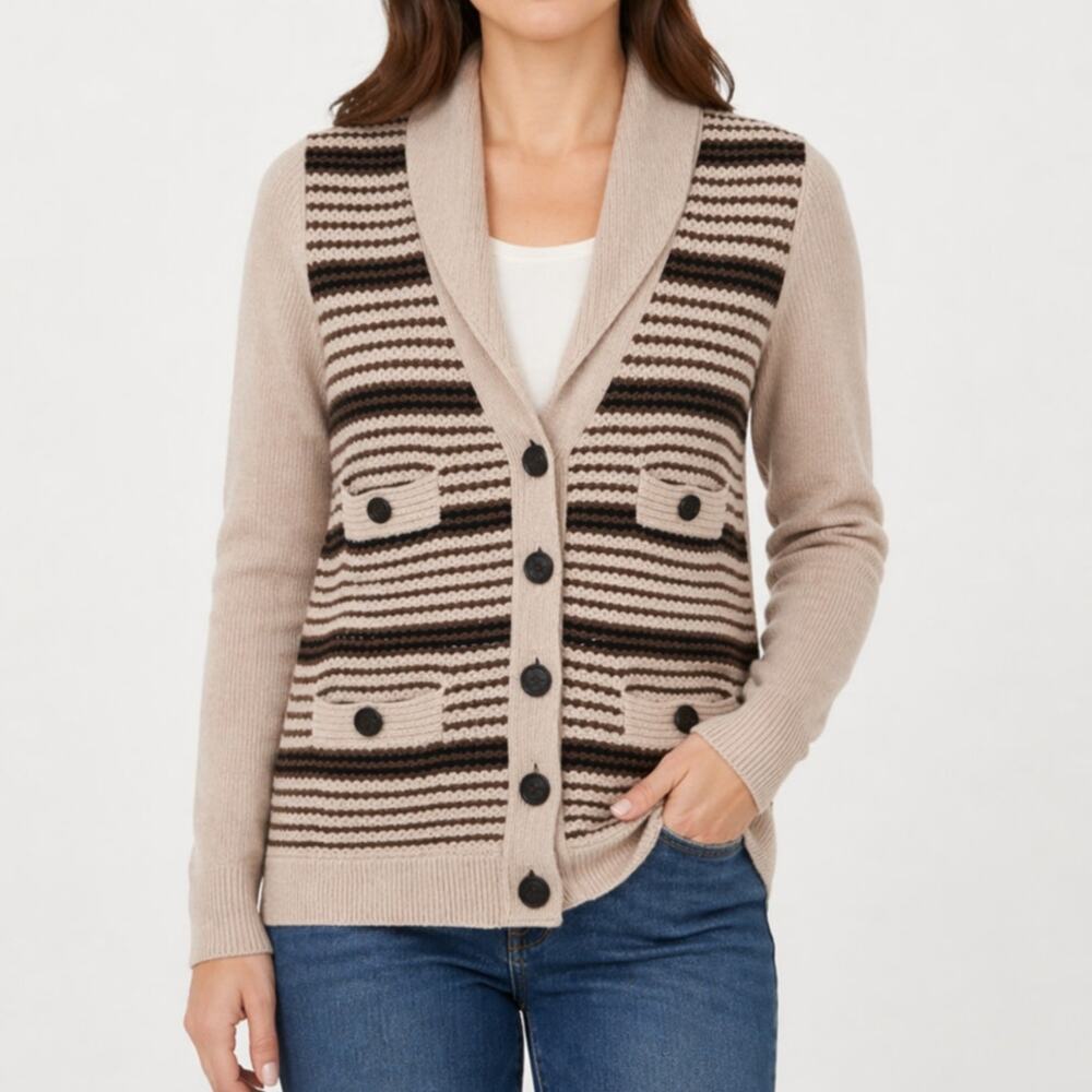 Tory Burch 100% Merino Wool Cardigan Striped Shawl Collar Chunky Knit Sweater